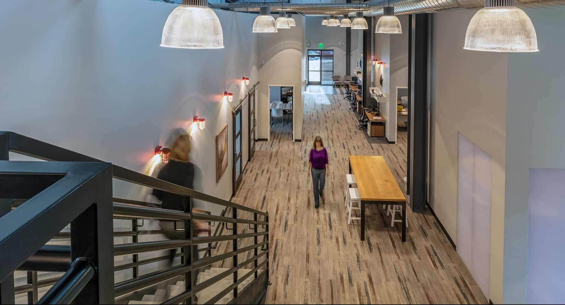 The hallway of The Town of Bennett Town Hall with people walking through