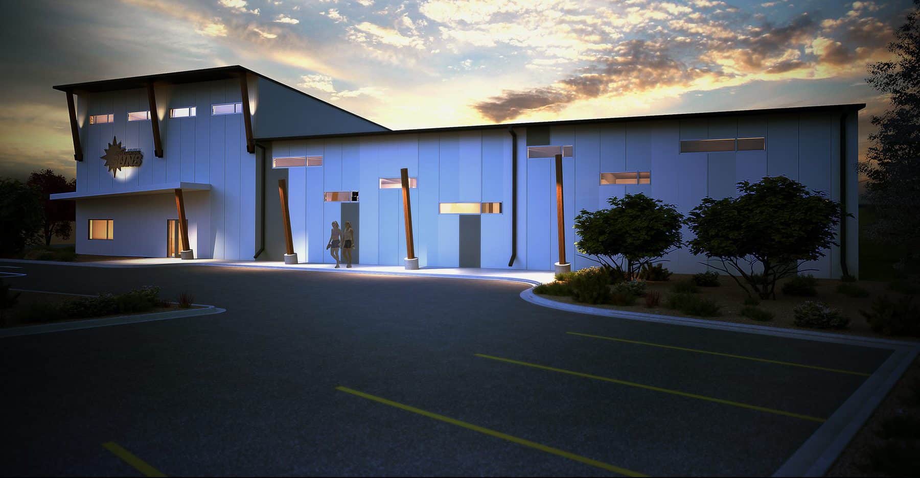 Rendering of the Cheer Center North building at dusk.