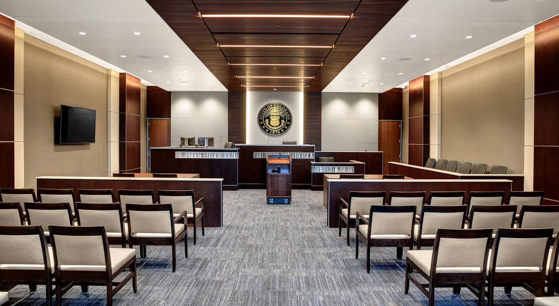 Interior of a court room at the Northglenn Justice Center