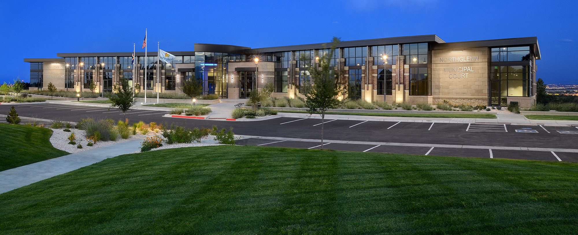 Exterior of the Northglenn Justice Center at dusk