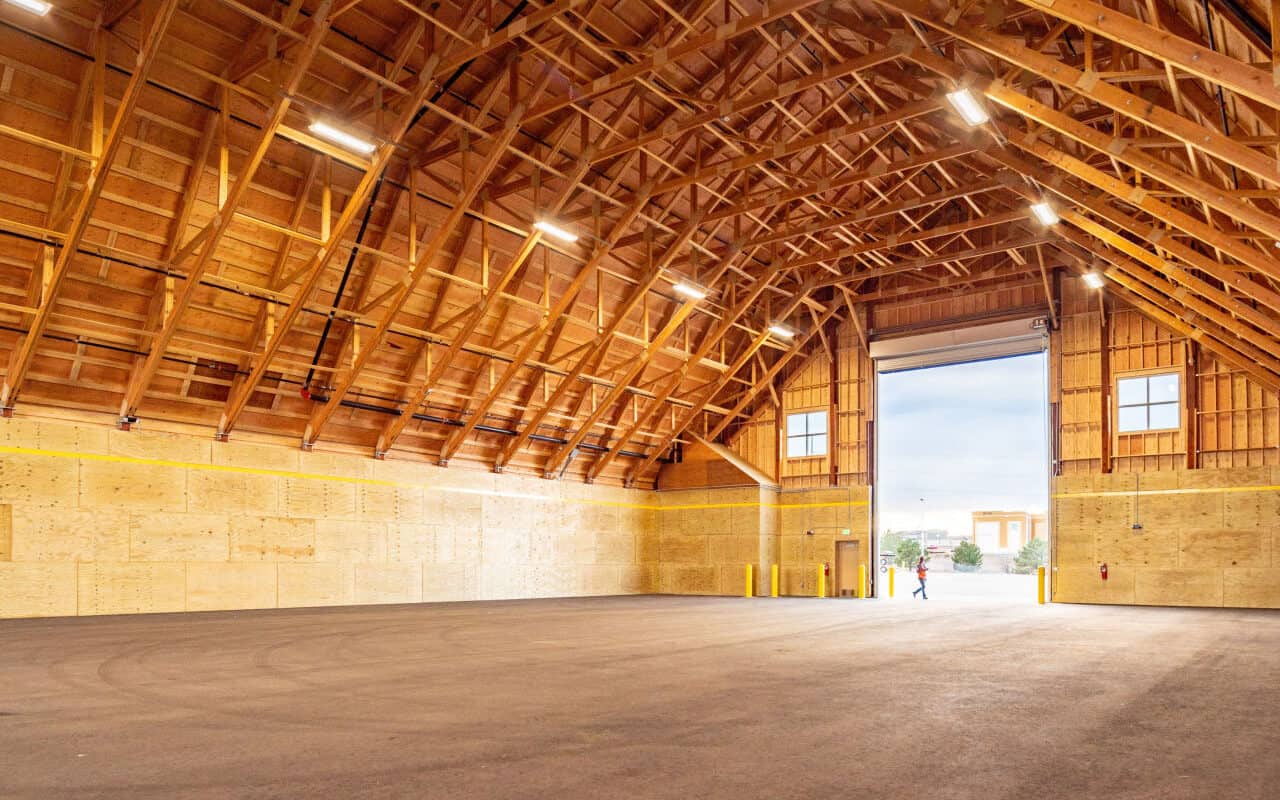 Inside of the Salt/Sand Barn with the apparatus bay door open.