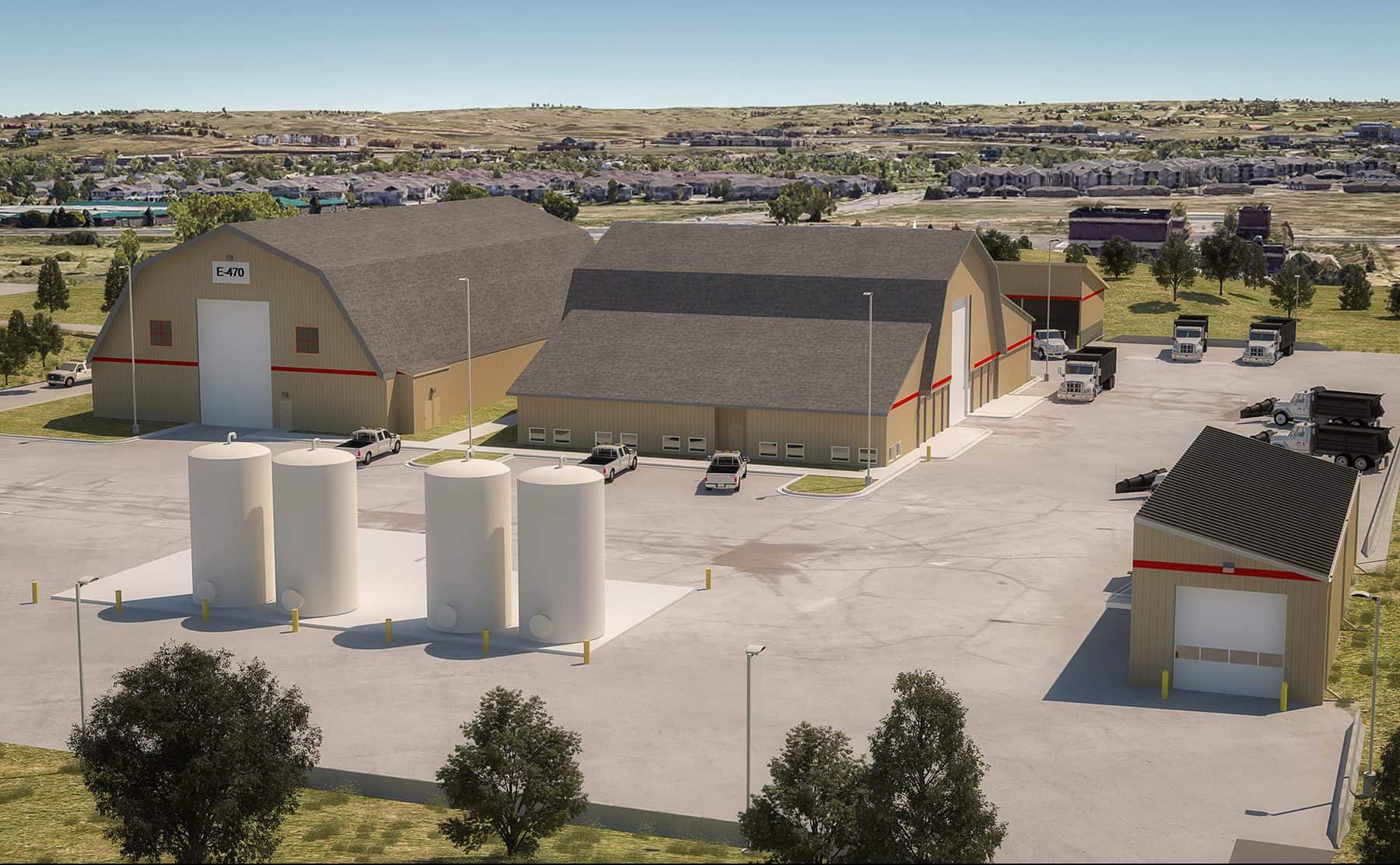 Exterior rendering of the E 470 maintenance support site designed by D2C Architects Inc. There are several large barns and storage spaces.