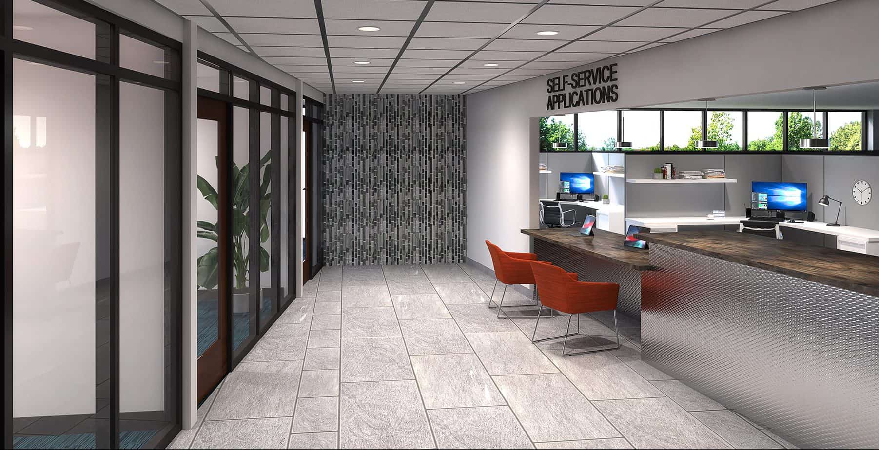 Interior of the Greeley City Center North. The front desk has an iPad for checking in and chairs in front. Designed by D2C Architects Inc.