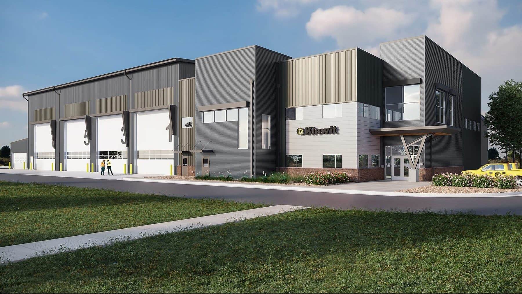 Rendering of the Kiewit Maintenance Headquarters in Aurora Colorado. Multiple maintenance bays.Designed by D2C Architects Inc.