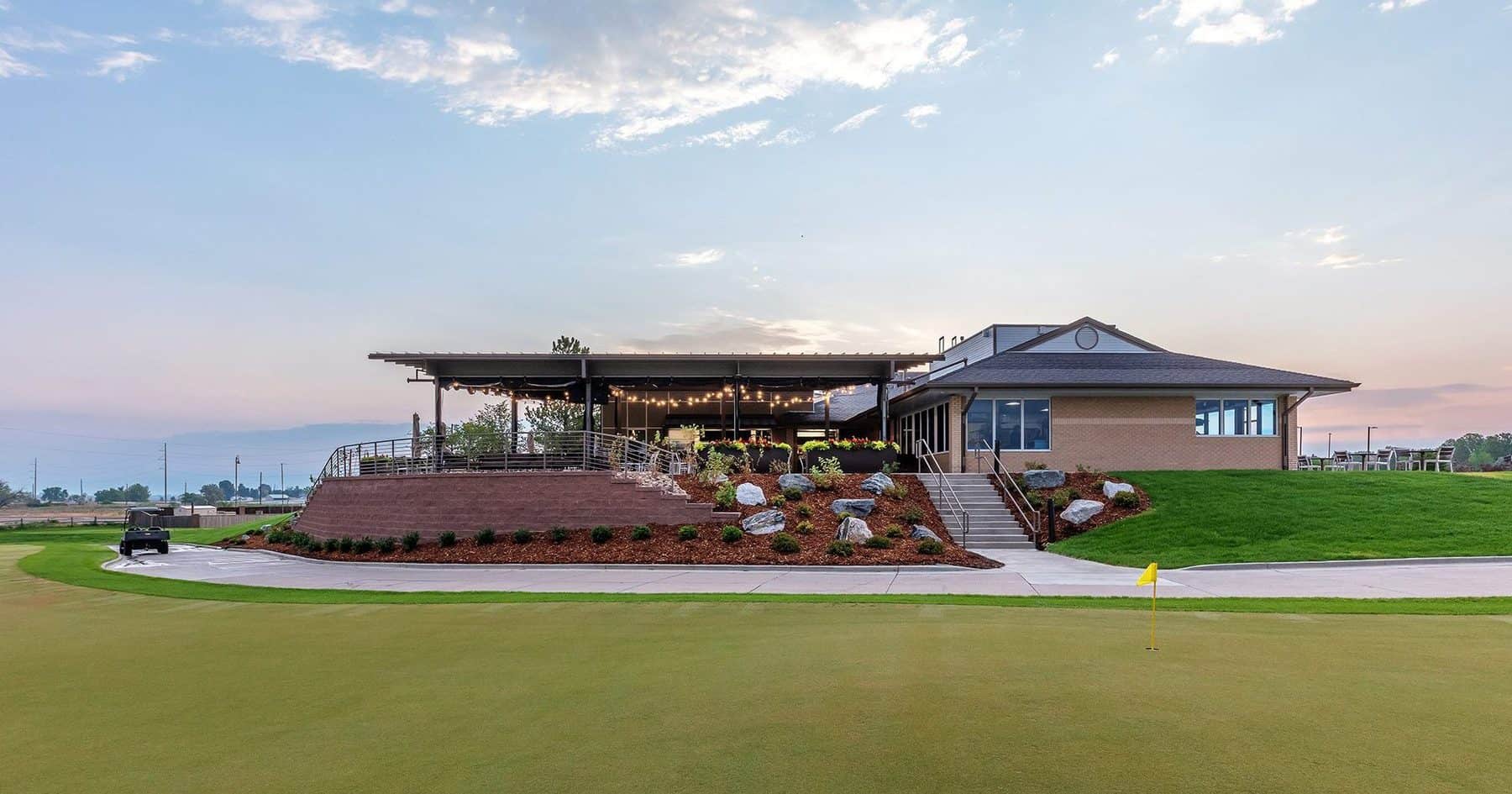 Thorncreek Golf Clubhouse. The indoor section of the structure is on the right, where the outdoor patio area is on the left.