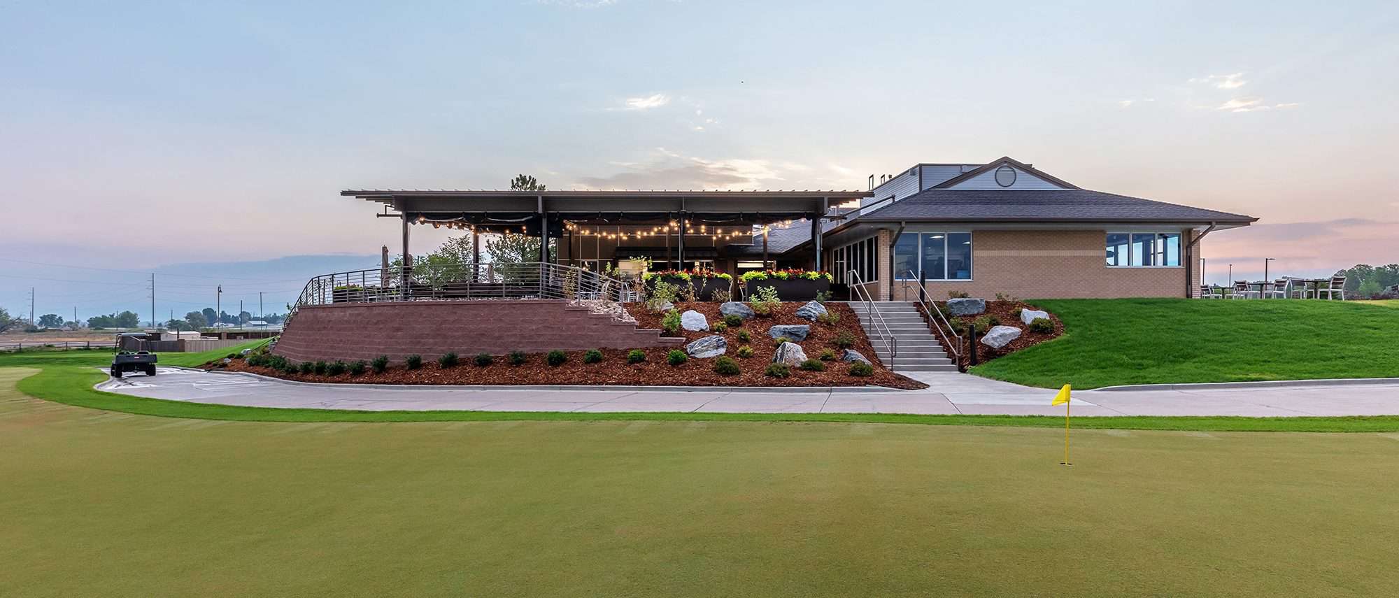 Thorncreek Golf Clubhouse. The indoor section of the structure is on the right, where the outdoor patio area is on the left.