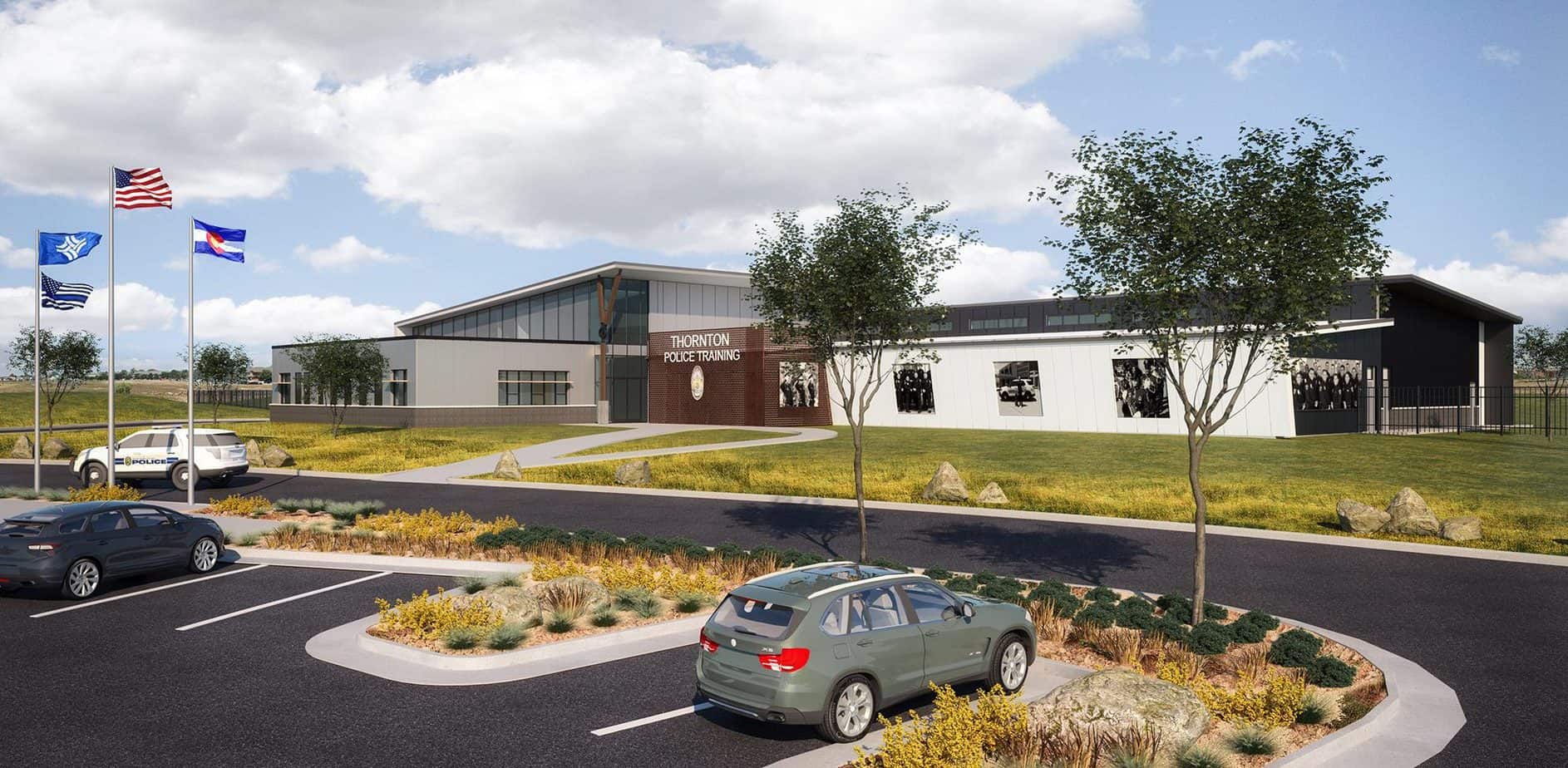 Exterior rendering of the Thornton Police Training Facility designed by D2C Architects Inc. and McClaren, Wilson and Lawrie (MWL).