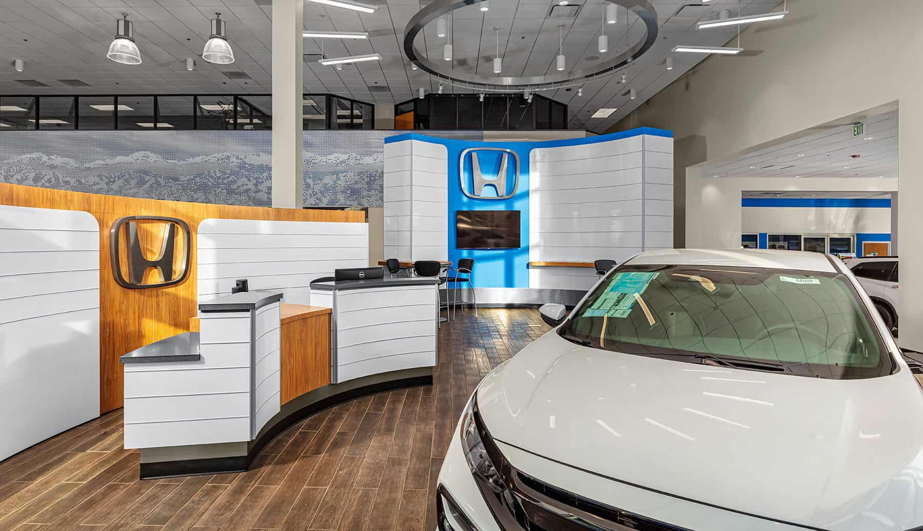 The showroom floor of the Mile High Honda Dealership designed by D2C Architects